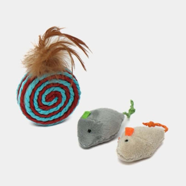 Набор игрушек для кошек, две мыши и верёвочный мяч