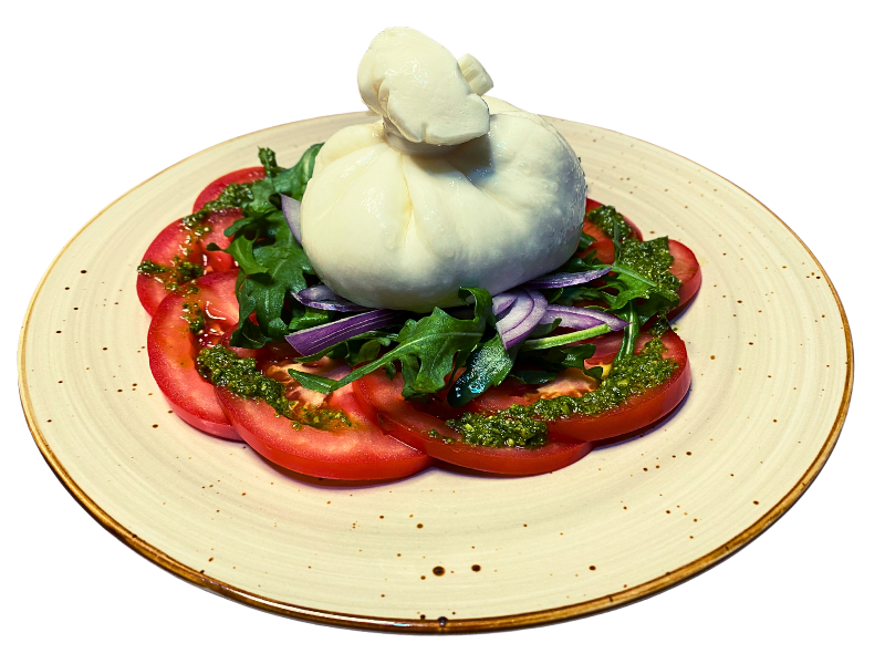 Салат с сыром буррата, помидорами и рукколой