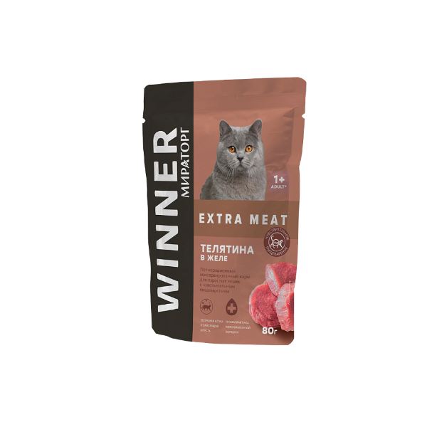 Корм консервированный Winner Extra Meat с телятиной в желе для взрослых кошек с чувствительным пищеварением